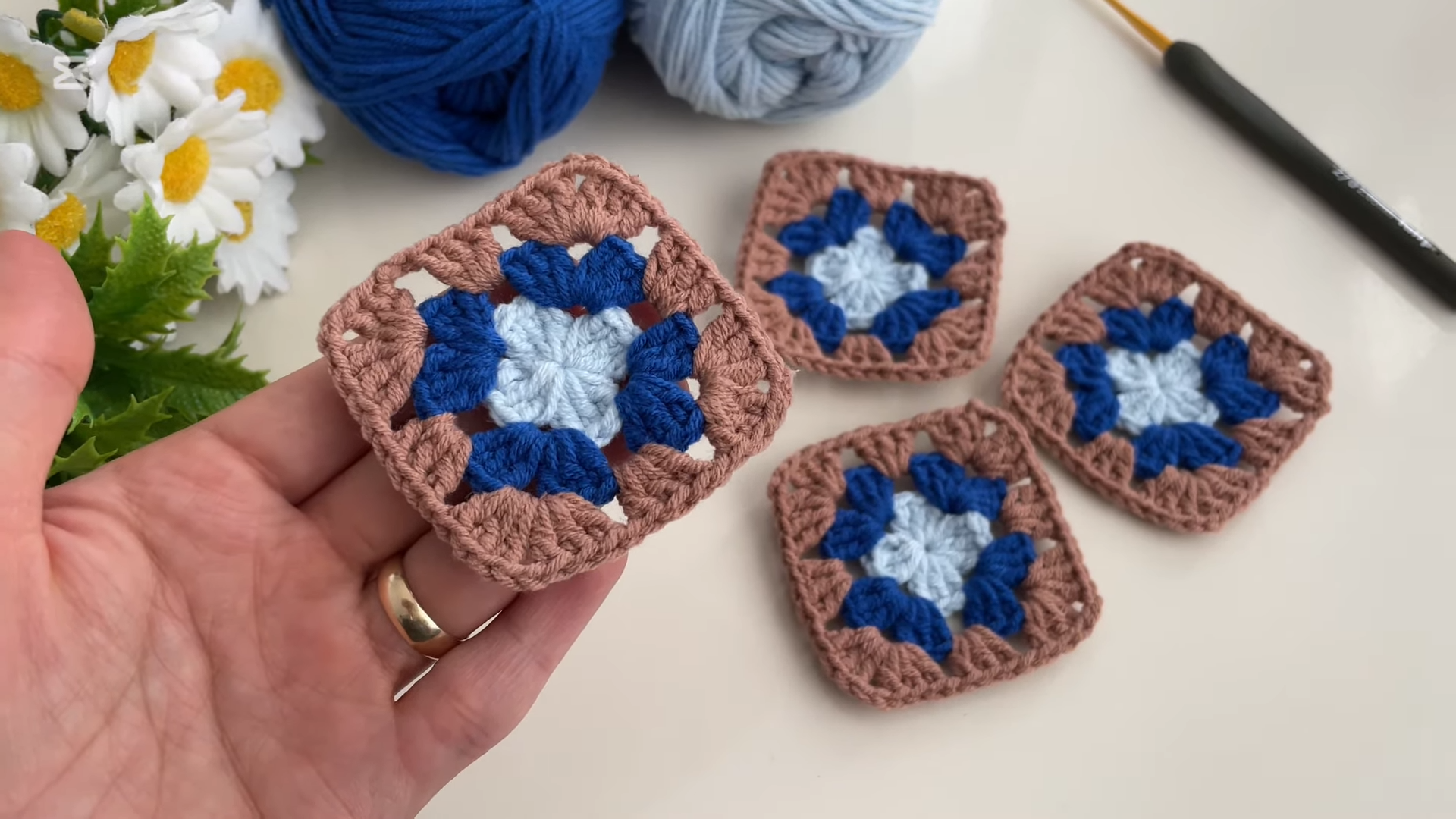 Completed square motif displayed as part of a table runner